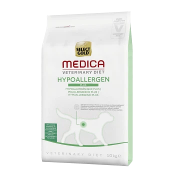 Alimentation vétérinaire hypoallergénique Select Gold Medica pour chiens, sac de 10 kg, avec un design vert et blanc et une silhouette de chien.