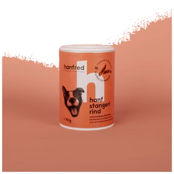 Zylindrischer "hanfred" Premium-Hanf-Hundefutterbehälter mit Hundillustration, 95% Rindfleisch, 5% Hanf, 90g Gewicht.
