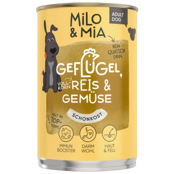 Dosen-Hundefutter mit der Aufschrift "Milo & Mia", das Huhn, Vollkornreis und Gemüse enthält. Behauptet, die Immunität, Verdauung sowie Haut und Fell zu unterstützen.