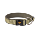 Olivgrüner Haustierhalsband mit einer schwarzen Schnalle, die ein orangefarbenes Kronenlogo und einen Metall-D-Ring für die Leinenbefestigung aufweist.
