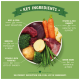Bol d'ingrédients pour nourriture pour animaux comprenant du bœuf, des abats, du brocoli, des carottes, des pommes de terre et des haricots verts, avec un texte soulignant leurs bienfaits.