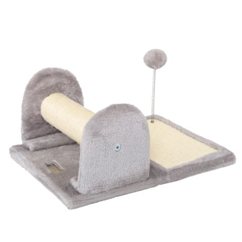 kleiner Katzenkratzbaum, Kratzbrett Grauer Katzenkratzbaum mit einer plüschigen Basis, einer Sisal-Kratzrolle und einem baumelnden Pom-Pom-Spielzeug.