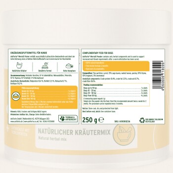 Etikett einer weißen Nahrungsergänzungsdose für Haustiere: 'Natural herbal mix / Natürlicher Kräutermix' Ergänzungsfuttermittel für Hunde, 250 g.