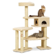 Un arbre à chat beige avec plusieurs niveaux, comportant deux chats : l'un assis en haut et l'autre se prélassant sur une plateforme inférieure.