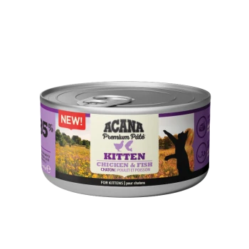 ACANA Premium Pâté voor kittens, met kip en vis, met een 'NIEUW!' label en 85% vleesinhoud, in een zilveren blik.