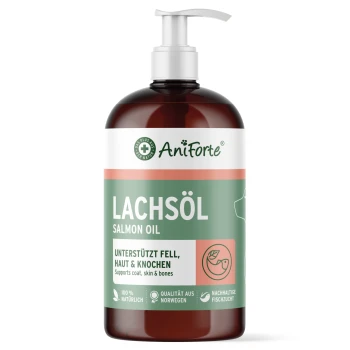 Flasche AniForte Lachsöl (Lachsöl) für Haustiere, beschriftet in Deutsch und Englisch, fördert die Unterstützung für Fell, Haut und Knochen.