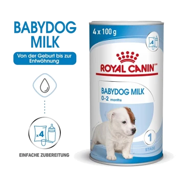 Royal Canin Babydog-Milch für Welpen von 0-2 Monaten, 4 x 100g Verpackung, mit Zubereitungsanweisungen und einer Grafik eines Welpen.