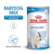 Royal Canin Babydog-Milch für Welpen von 0-2 Monaten, 4 x 100g Verpackung, mit Zubereitungsanweisungen und einer Grafik eines Welpen.