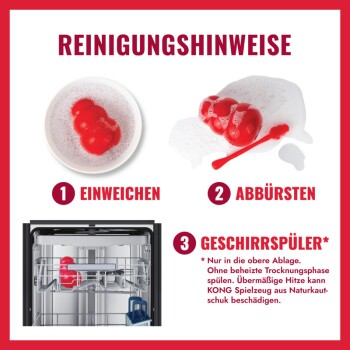 REINIGUNGSHINWEISE: rotes KONG-Spielzeug einweichen, abbürsten und in der Spülmaschine. Gezeigte Schritte: 1 EINWEICHEN 2 ABBÜRSTEN 3 GESCHIRRSPÜLER