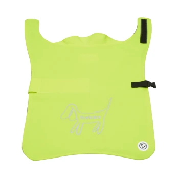 Hunderegenmantel aus Upcycled-Stoff gelb L Helle gelbe Hundeschürze mit einer weißen Umrisszeichnung eines Hundes und dem Text 'Barkalot', mit verstellbaren Riemen und einer Tasche.