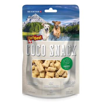 DeliBest Coco Snack Verpackung mit vegetarischen Hundeleckerlis, hergestellt in der Schweiz, mit Text, der hohe Verdaulichkeit und glutenfrei hervorhebt.