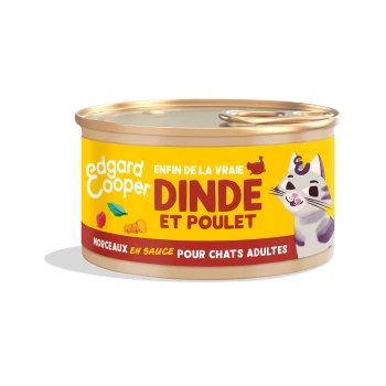 Une boîte de nourriture pour chats Edgard Cooper avec un chat de dessin animé, étiquetée "Dinde et Poulet" pour les chats adultes sur un fond jaune vif.
