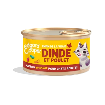 Une boîte de nourriture pour chats Edgard Cooper avec un chat de dessin animé, étiquetée "Dinde et Poulet" pour les chats adultes sur un fond jaune vif.