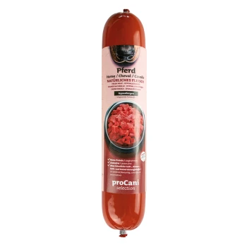 selection Kochwurst Napffertig Hypoallergen Pferd 400 g Pferdefleischrolle für Haustiere, beschriftet mit 'Pferd', mit Text, der hervorhebt, dass es natürlich, hypoallergen und aus einer einzigen Proteinquelle ist. Marke: proCani Auswahl.