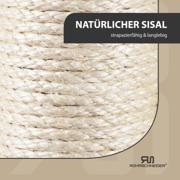 Nahaufnahme eines natürlichen Sisalseils mit der Aufschrift "NATÜRLICHER SISAL strapazierfähig & langlebig" von Rohrschnieder.