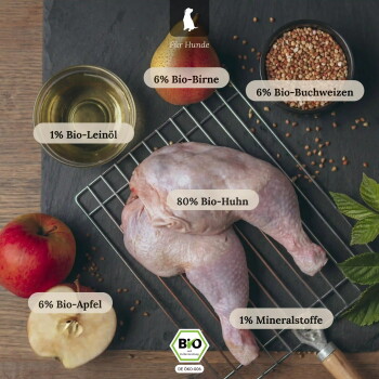 Rohes Bio-Huhn auf Rost mit Birne, Apfel, Buchweizen und Öl; deutsche Beschriftungen 'Für Hunde', '80% Bio-Huhn' und BIO-Siegel.