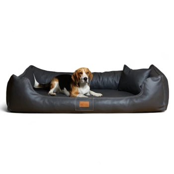 Beagle liegt auf einem großen dunkelgrauen Leder-Haustierbett mit erhöhten Seiten und einem braunen Etikett vorne.