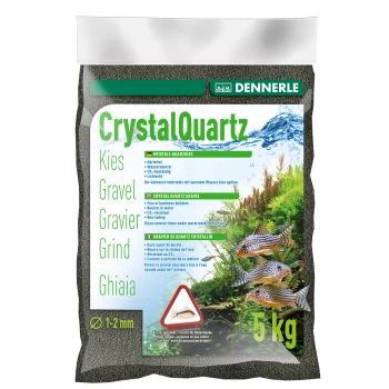 Sack mit Kristallquarz-Splitt, 5 kg, mit aquatischen Pflanzen und Fischen. Der Text hebt CO2-Beständigkeit, Farbtreue und Spülanweisungen hervor.