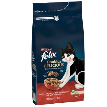 A 2kg bag of Purina Felix "Doubly Delicious" cat food, featuring a black and white cat, with crunchy kibbles and softer chunks.