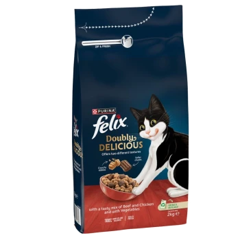 A 2kg bag of Purina Felix "Doubly Delicious" cat food, featuring a black and white cat, with crunchy kibbles and softer chunks.
