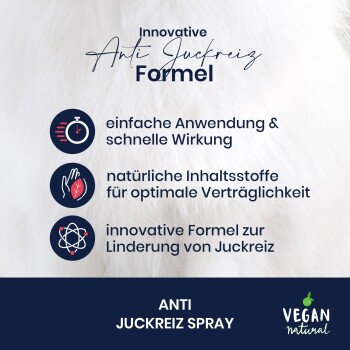 Anti-Juckreiz-Spray für Haustiere mit einfacher Anwendung, natürlichen Inhaltsstoffen und schneller Linderung. Text: "ANTI JUCKREIZ SPRAY" und "VEGAN natürlich."