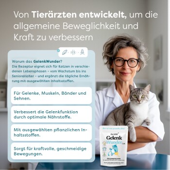 Tierarzt hält eine graue Katze, bewirbt das Gelenkpräparat "GelenkWunder", betont Gelenkstärke und verbesserte Mobilität.