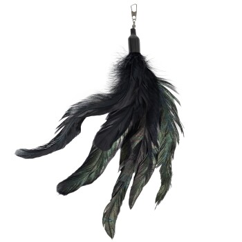 Ein gefiederter Katzenspielzeug mit langen schwarzen und schillernden grünen Federn, die an einem schwarzen Griff mit einem Clip befestigt sind.