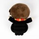 Plush toy of a character with brown hair, black outfit, and red and yellow striped scarf, viewed from the back.