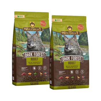 Deux sacs de 12,5 kg de nourriture pour chiens adultes Wolfsblut Dark Forest avec venaison et patates douces, avec une image de loup.