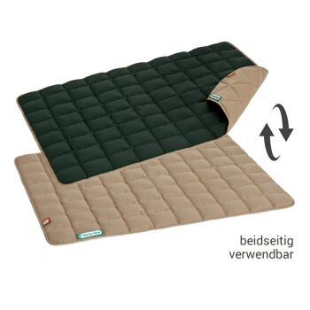 Eine beigefarbene Tiermatte mit einem gesteppten Design, beschriftet mit "Doctor Bark", die Haltbarkeit, Hygiene und Waschbarkeit bis 95°C verspricht.