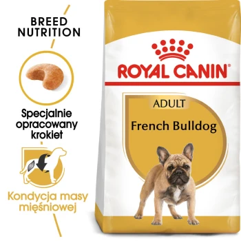 Torba z jedzeniem dla psów Royal Canin Adult French Bulldog, z obrazkiem krokietów, z tekstem podkreślającym odżywianie rasy i kondycję mięśni.