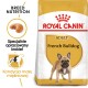 Torba z jedzeniem dla psów Royal Canin Adult French Bulldog, z obrazkiem krokietów, z tekstem podkreślającym odżywianie rasy i kondycję mięśni.