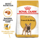 Torba z jedzeniem dla psów Royal Canin Adult French Bulldog, z obrazkiem krokietów, z tekstem podkreślającym odżywianie rasy i kondycję mięśni.