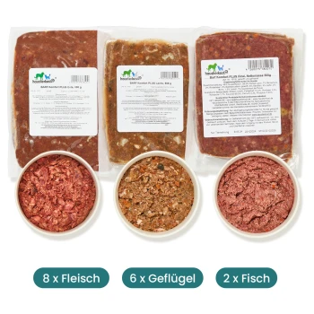 Tierfutterpackungen mit 8 Rindfleisch-, 6 Geflügel- und 2 Fischpackungen, alle mit Nährwertinformationen beschriftet.