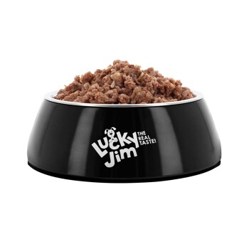 Schwarze Futterschüssel mit Nassfutter, weißes Logo „Lucky Jim — The Real Taste!“ auf der Vorderseite.