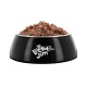 Schwarze Futterschüssel mit Nassfutter, weißes Logo „Lucky Jim — The Real Taste!“ auf der Vorderseite.