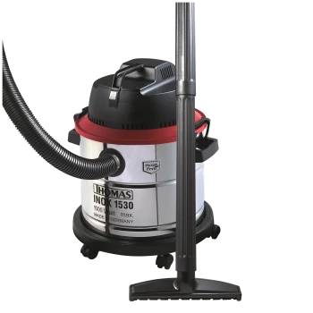 Edelstahlstaubsauger mit rotem Oberteil, beschriftet "THOMAS INOX 1530", 1500 Watt max, hergestellt in Deutschland, mit einem Schlauch und einer Düse.