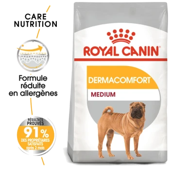 Sac de nourriture pour chiens Royal Canin Dermacomfort Medium mettant en vedette un chien Shar Pei, avec un texte soulignant la réduction des allergènes et 91 % de satisfaction des propriétaires.