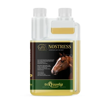 Flasche des Pferdeergänzungsmittels "Nostress" mit dem Gesicht eines Pferdes, mit Text, der Magnesium und pflanzliche Bestandteile für Muskel- und Nervenfunktionen hervorhebt.