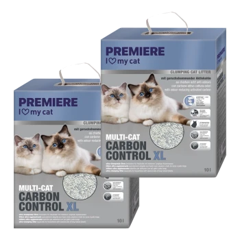 Verpackung von klumpendem Katzenstreu mit zwei flauschigen Katzen, beschriftet mit "MULTI-CAT CARBON CONTROL XL," mit geruchsreduzierendem Aktivkohle.
