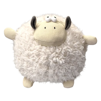 Rundes cremefarbenes, flauschiges Schaf-Stofftier mit gestricktem Gesicht, kleinen Gliedmaßen und Schlappohren.