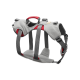 Ein graues und rotes Hundegeschirr mit verstellbaren Riemen und einem gepolsterten Design, mit einem oberen Griff zum einfachen Anheben.