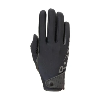 Schwarze Haustierpflegehandschuh mit strukturiertem Griff und Logo, entworfen für Komfort und Kontrolle während der Haustierpflege.