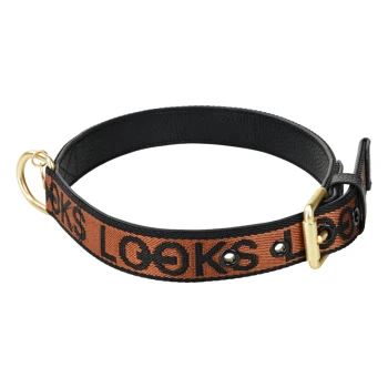 Halsband S Stylische schwarze Haustierhalsband mit einem gewebten orangefarbenen Band, das das Wort "LOOKS" in fetten schwarzen Buchstaben zeigt, mit einer goldenen Schnalle und D-Ring.