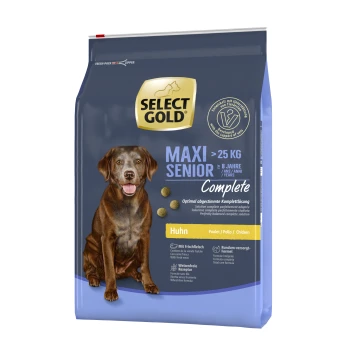 Complete Maxi Senior Huhn 4 kg Select Gold Maxi Senior Hundefutterbeutel, 25 kg, entworfen für Hunde über 8 Jahre. Enthält Huhn als Hauptzutat.
