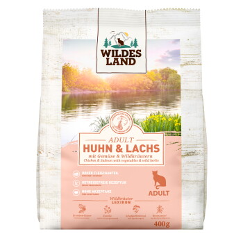 Wildes Land Tierfutterbeutel: 'Adult Huhn & Lachs' mit Gemüse und Wildkräutern, 400 g, Katzen-Symbol.