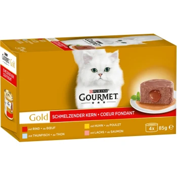 Gourmet Gold Katzenfutterbox mit einer weißen Katze mit grünen Augen, enthält vier 85g Portionen, die Geschmäcker umfassen Rind, Huhn, Thunfisch und Lachs.