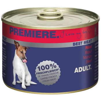 Une boîte de nourriture pour chiens "Premiere" avec un chien blanc se léchant les lèvres, étiquetée "100 % Frischfleisch," "Meat de qualité," et "Adult."