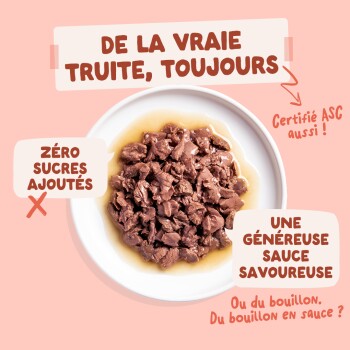 Bol de nourriture humide pour chat à la truite en morceaux dans une sauce sur fond rose ; texte français : « De la vraie truite, toujours », « Zéro sucres ajoutés », « Une généreuse sauce savoureuse ».