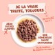 Bol de nourriture humide pour chat à la truite en morceaux dans une sauce sur fond rose ; texte français : « De la vraie truite, toujours », « Zéro sucres ajoutés », « Une généreuse sauce savoureuse ».